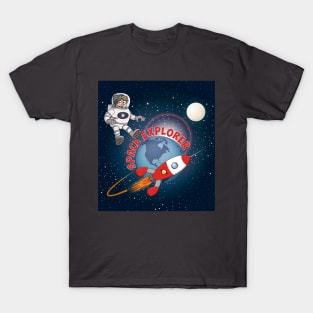 Illustration of a happy space explorer astronaut boy against a starry sky T-Shirt